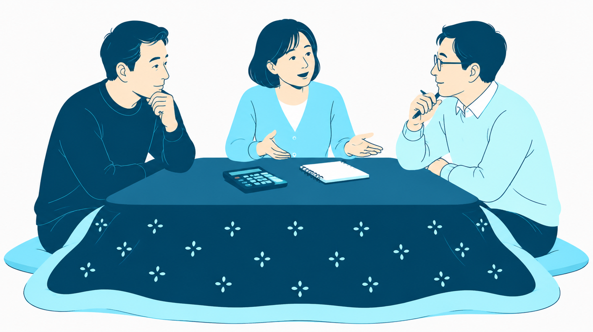 こたつを囲んで片付け費用の分担を話し合う兄弟姉妹