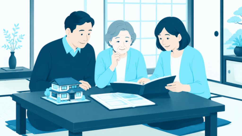 実家の書類を家族で囲んで確認する親子