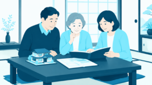 実家の書類を家族で囲んで確認する親子