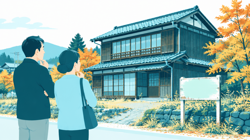 秋の田舎町で、古い木造二階建ての実家を前に考え込む兄妹
