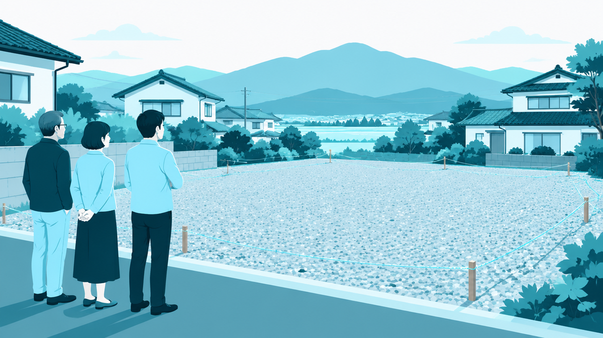 解体後の更地を道路から見つめる家族