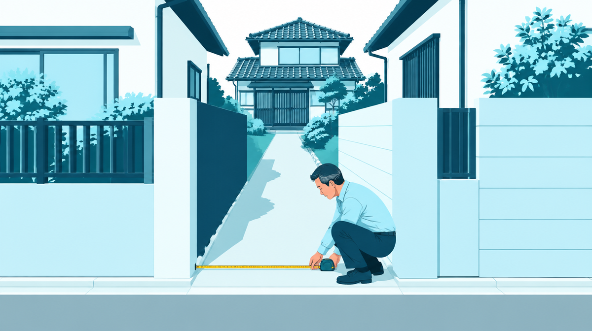 旗竿地の細い通路の幅をメジャーで測る男性