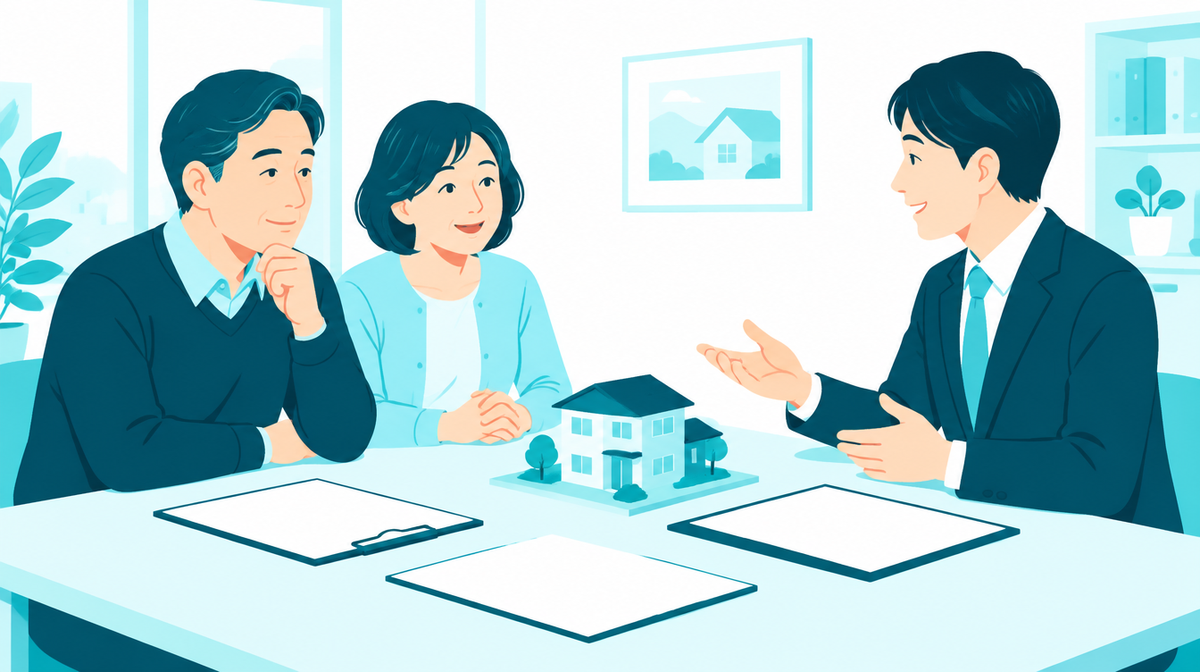 相談窓口で不動産の担当者と話す夫婦