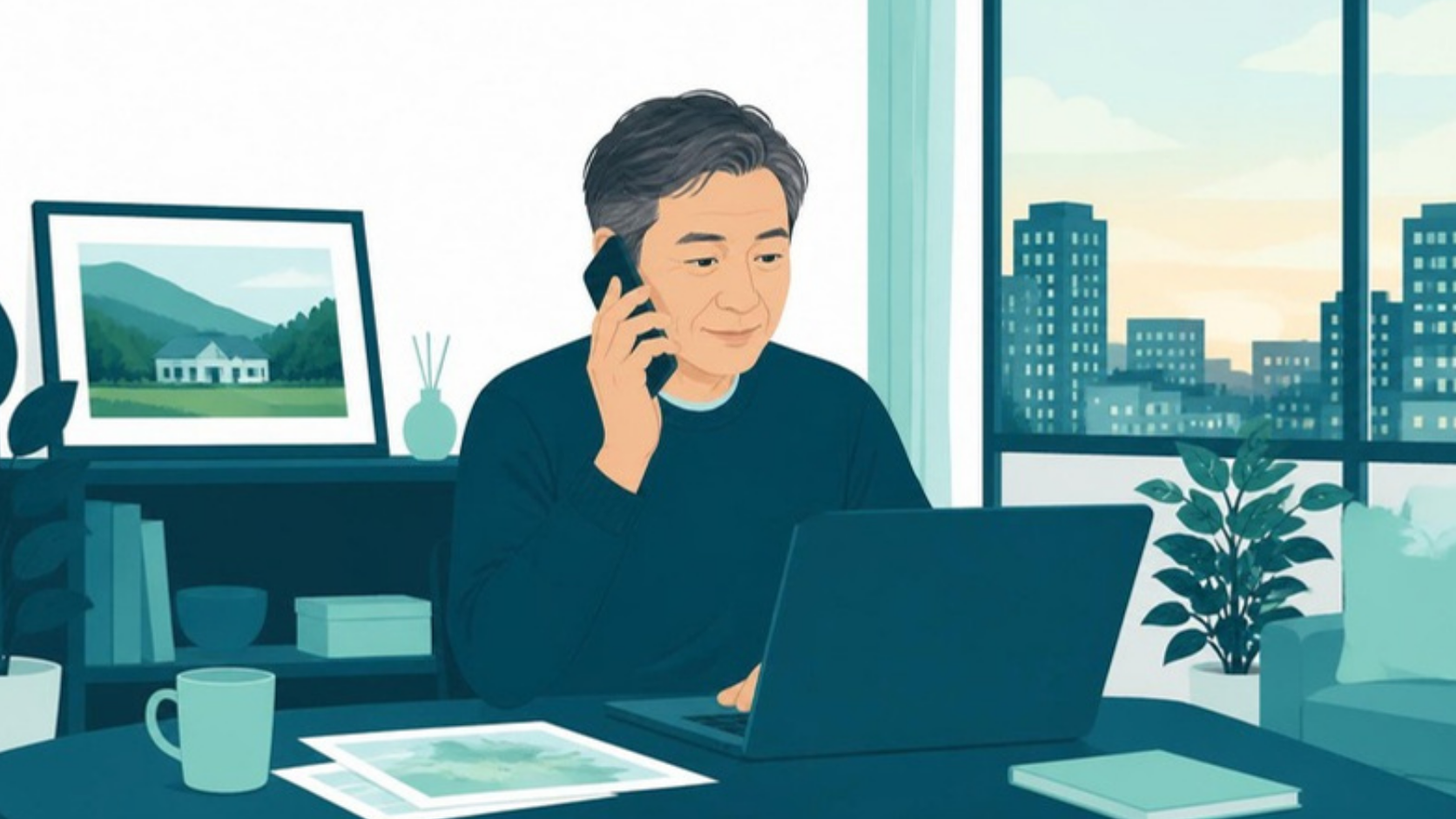 遠方の自宅から実家じまいの手配をする男性