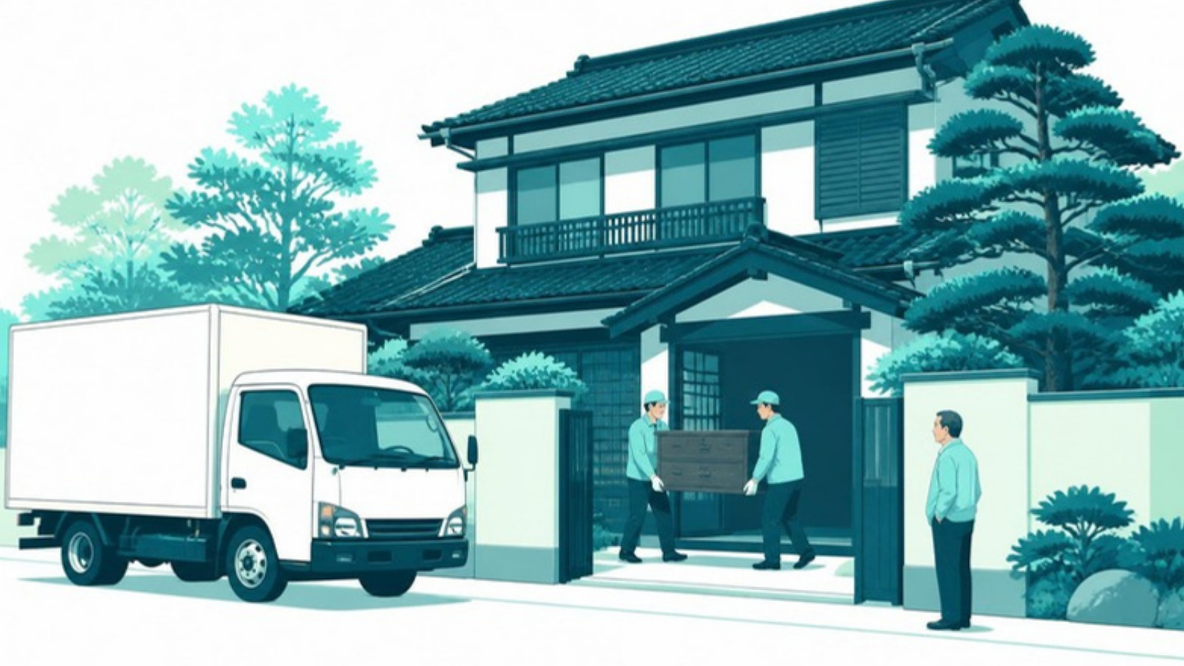実家から家財を運び出す作業員と見守る男性