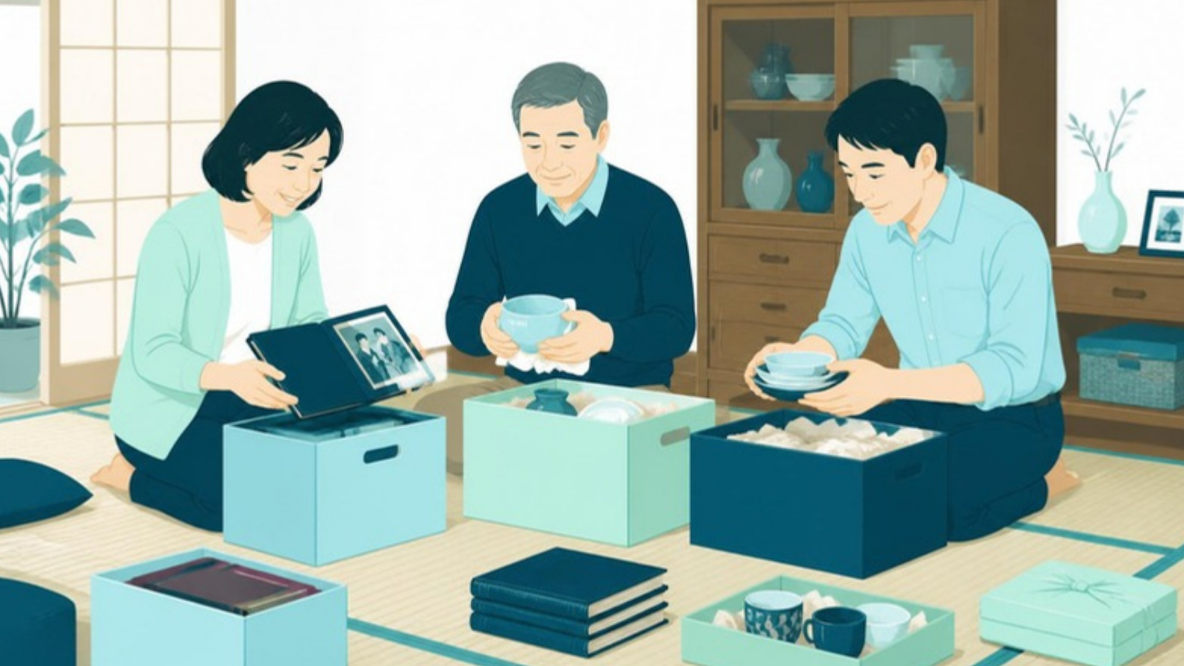 実家の家財を残す物と手放す物に仕分けする家族