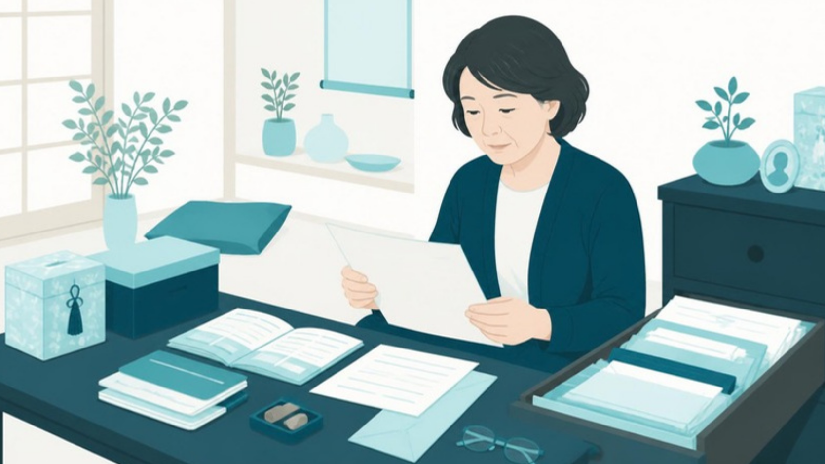 親の通帳や郵便物などの書類を確認する女性