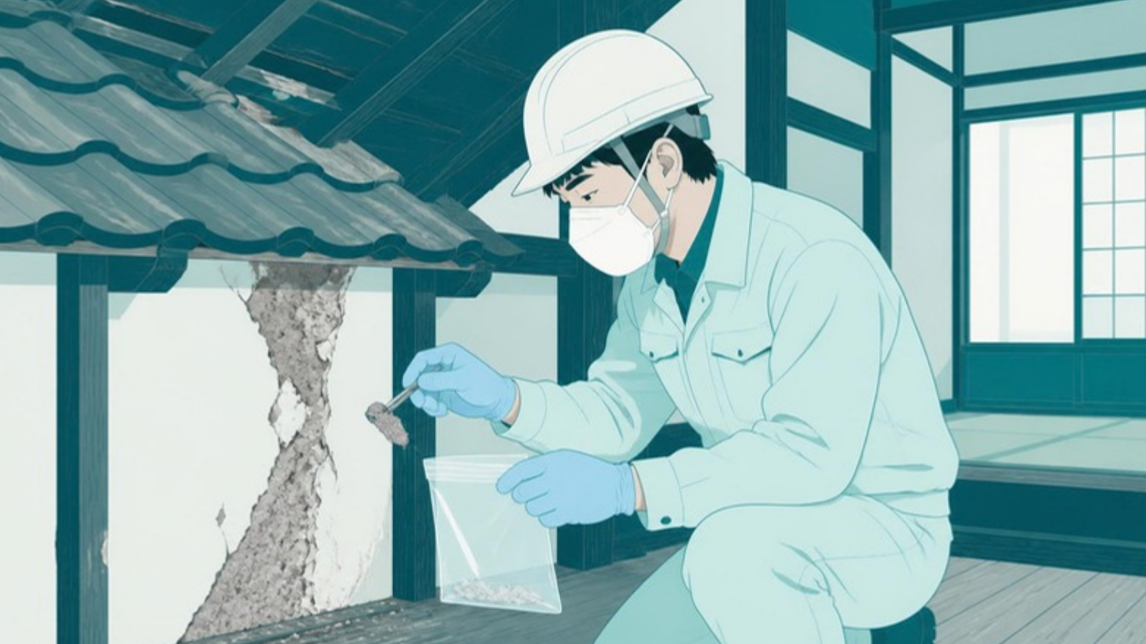解体前に建材のアスベスト調査をする作業員
