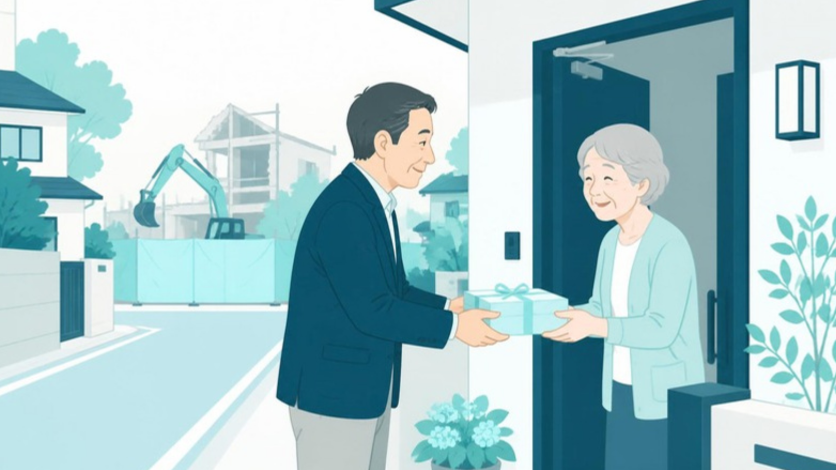 解体工事の前に近所へあいさつする男性
