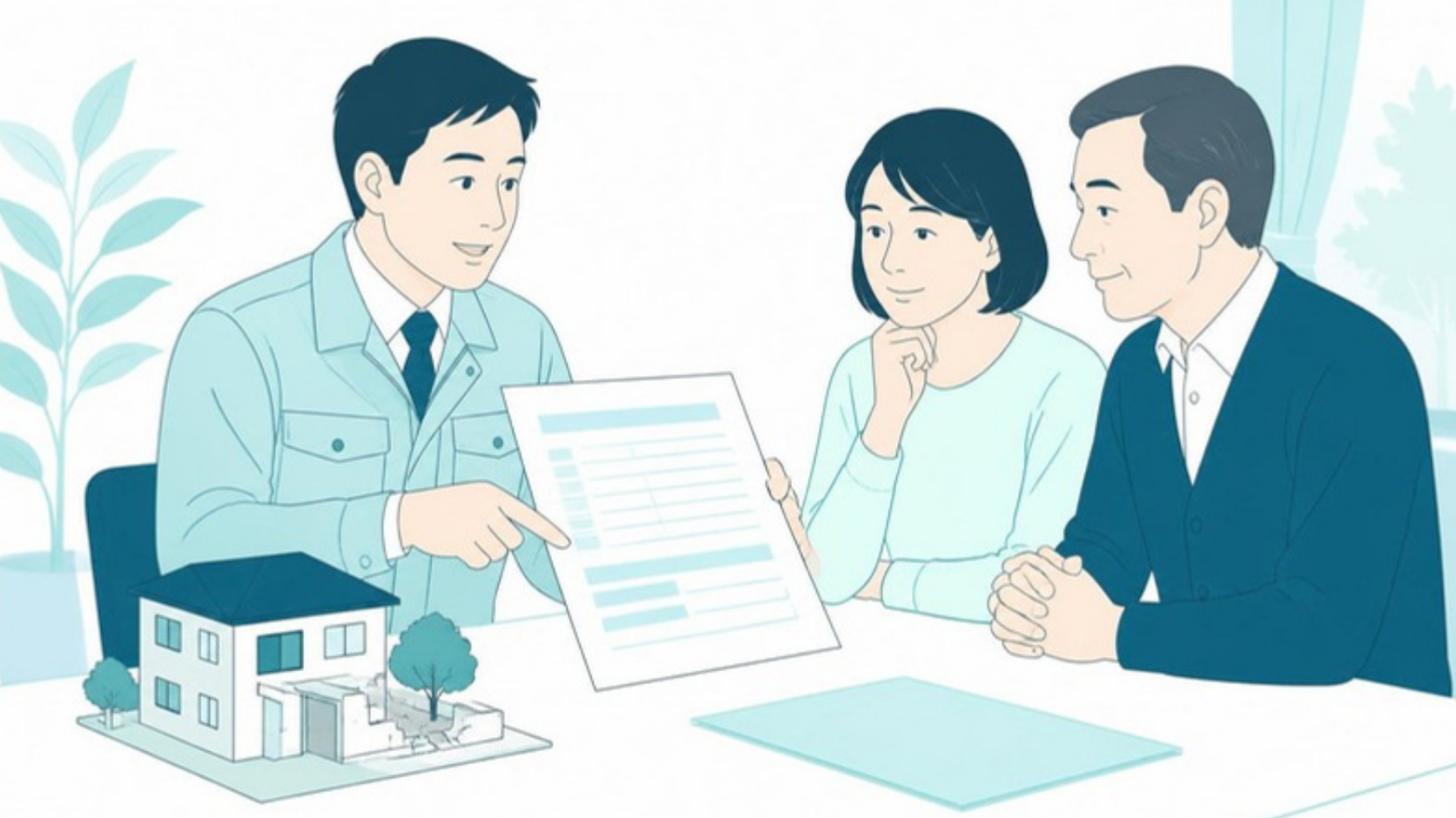 解体業者から見積書の説明を受ける夫婦
