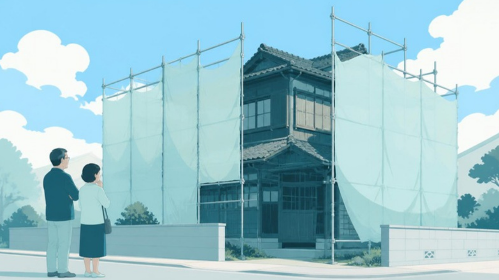 足場と養生シートに囲まれた解体前の実家と見守る夫婦
