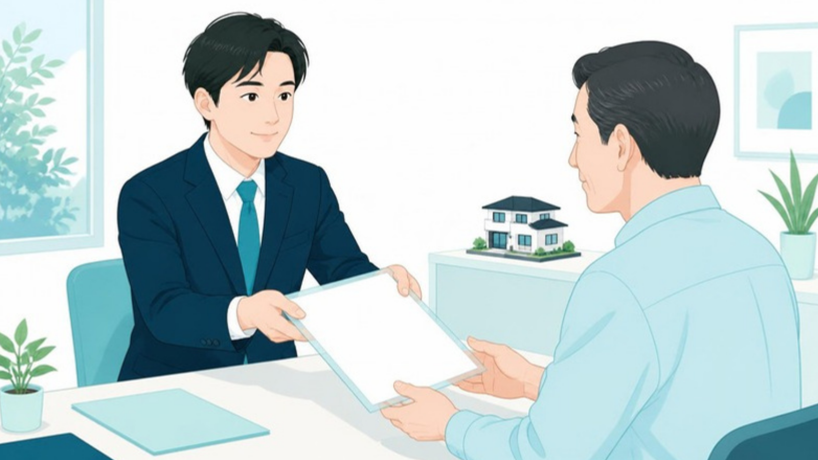 不動産会社から売買契約書の写しを受け取る男性