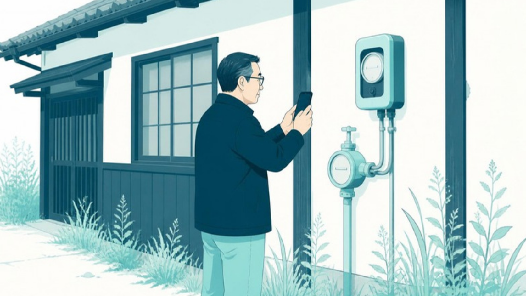 空き家の電気メーターと水道メーターを確認する男性