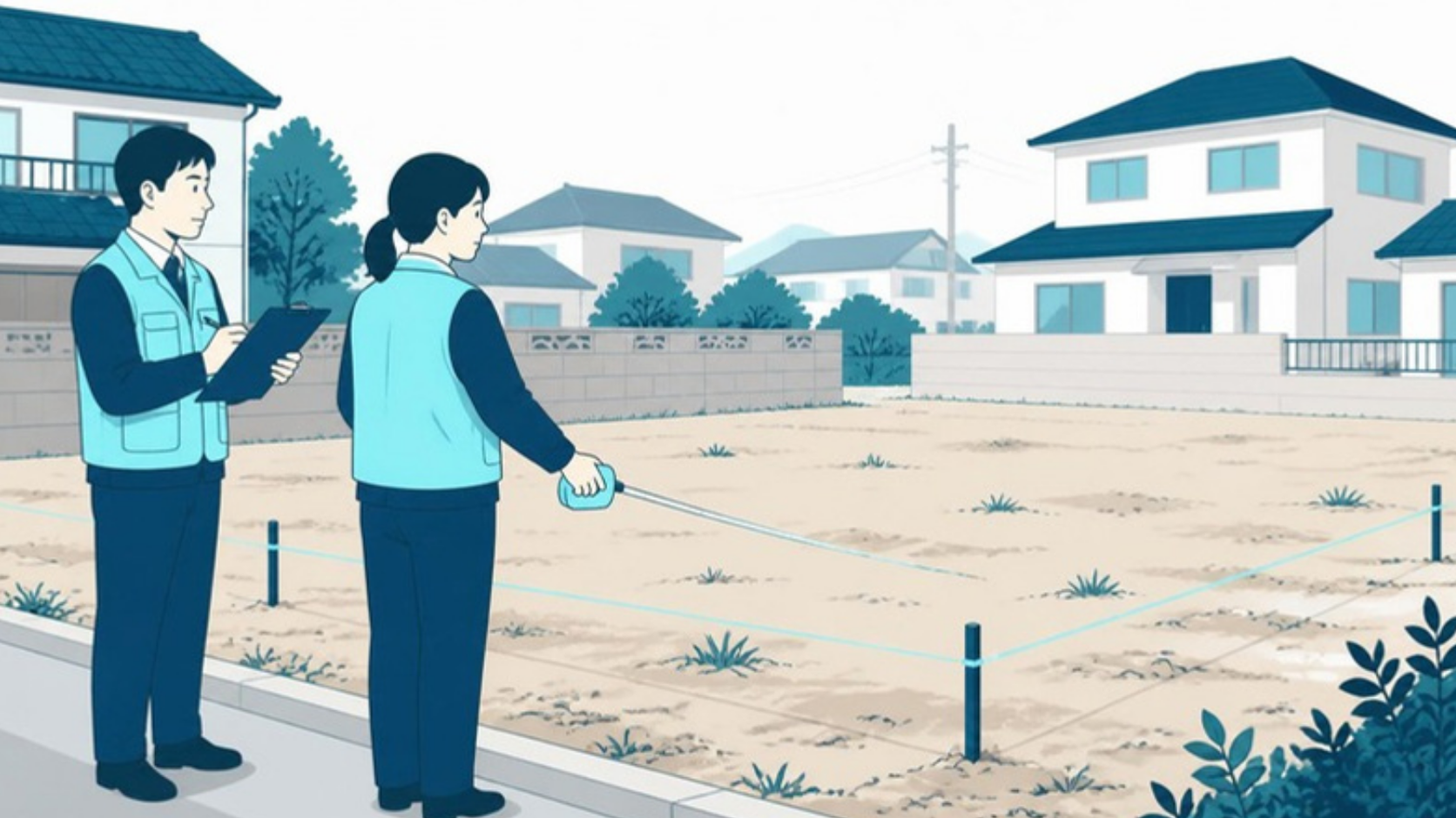 担当者が土地の境界と状態を実地で調べる様子