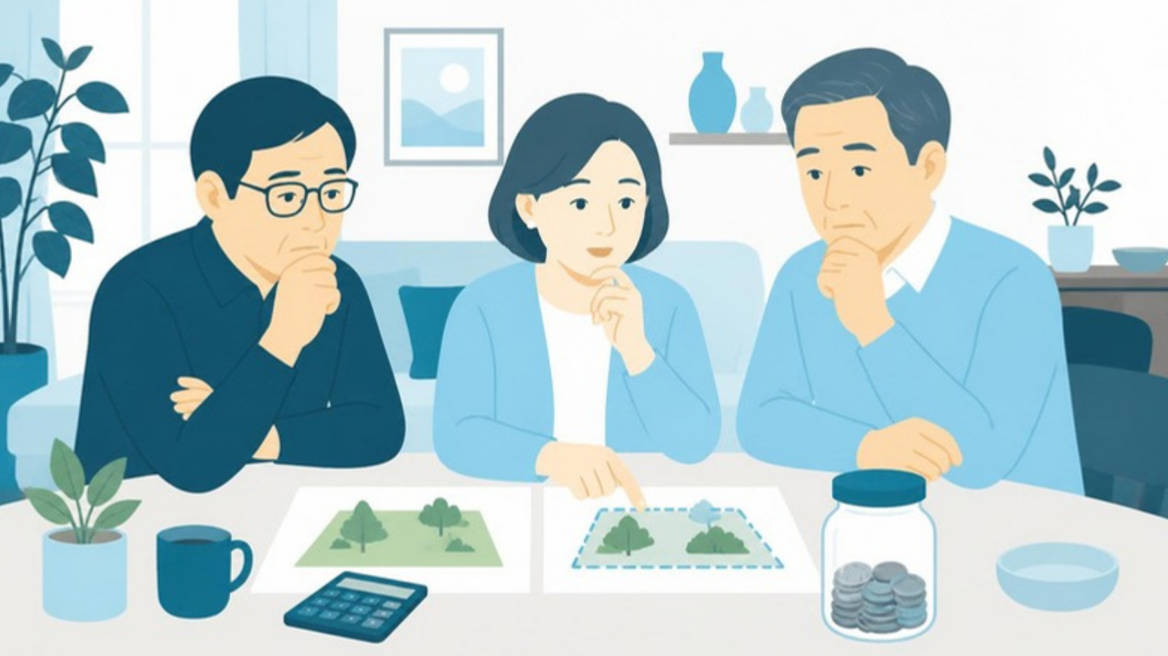 国庫帰属と売却などの選択肢を家族で比べる様子