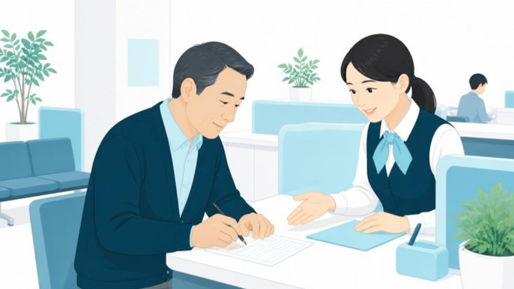 市役所で相続人代表者の届出を書く男性