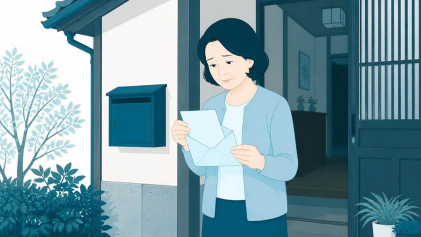 実家に届いた固定資産税の納税通知書を開く女性