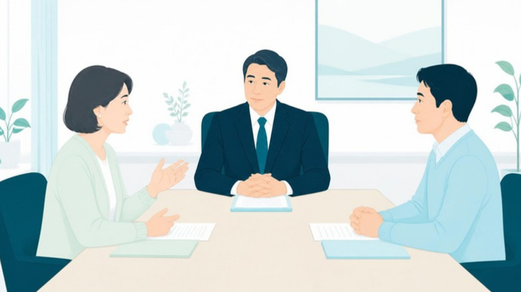 家庭裁判所の調停で話し合うきょうだいと調停委員