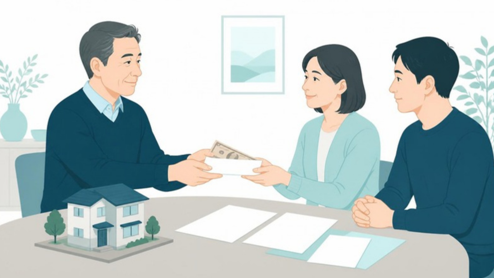 実家を引き継ぐ兄が妹に代償金を渡す場面