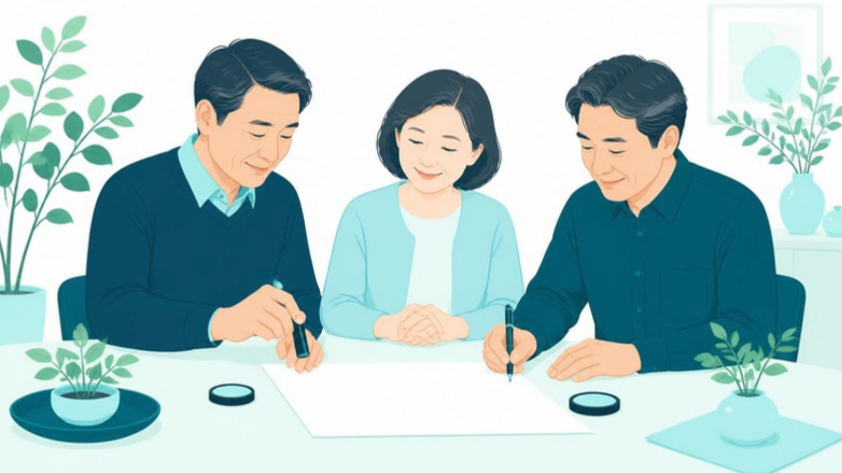遺産分割協議書に署名・押印するきょうだい