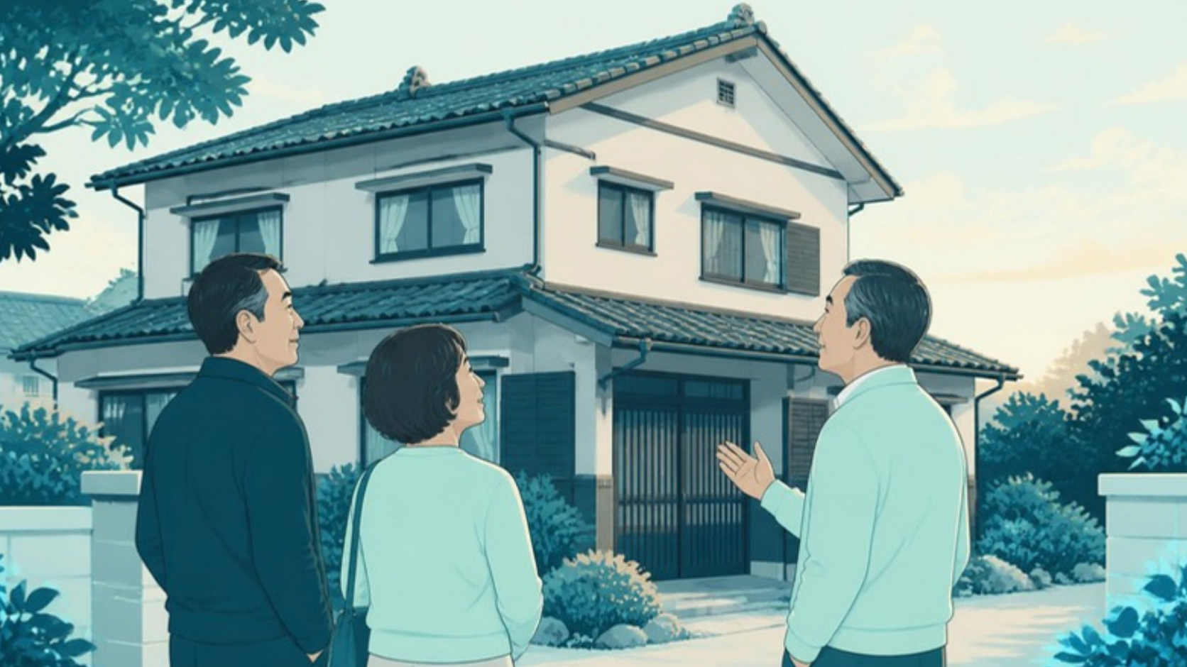 実家の前で今後を話し合う3人のきょうだい