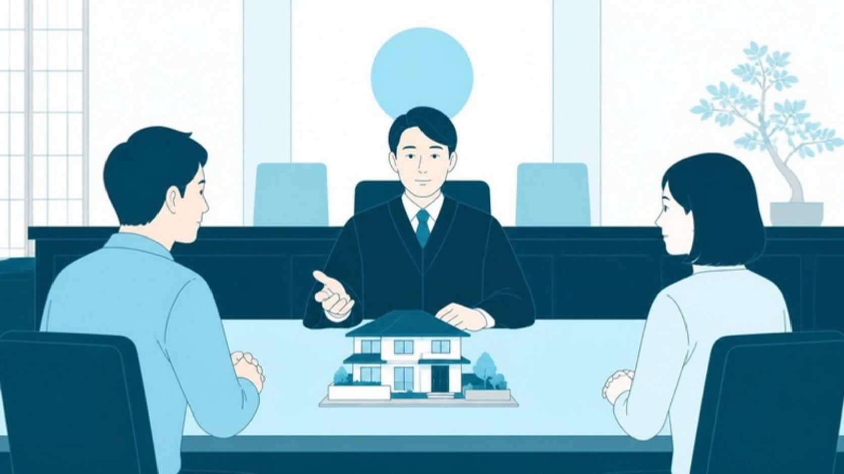 裁判所で共有物分割について話し合う当事者