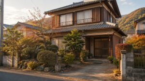 秋の夕方の光に照らされた、庭のある二階建ての日本の実家