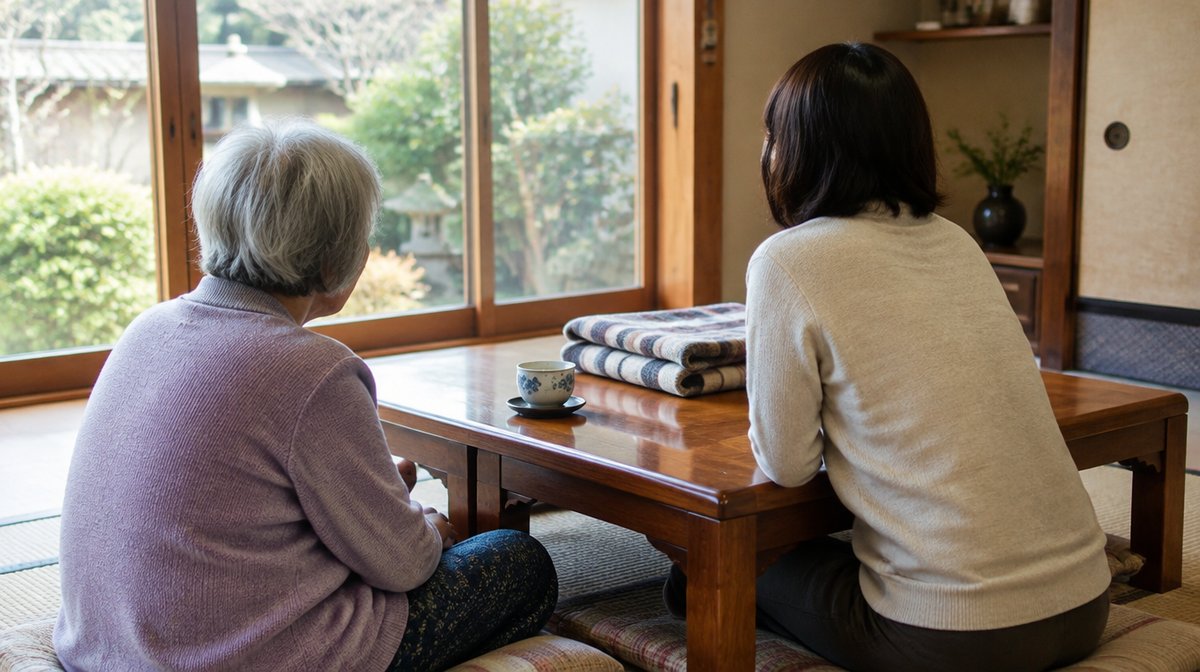 和室の座卓で、高齢の母と娘が並んで座り話をしている後ろ姿