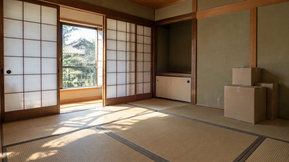 住む人が施設に移り、段ボール箱だけが置かれた実家の和室