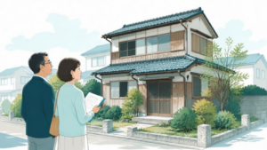相続した実家の前で今後を考える兄妹