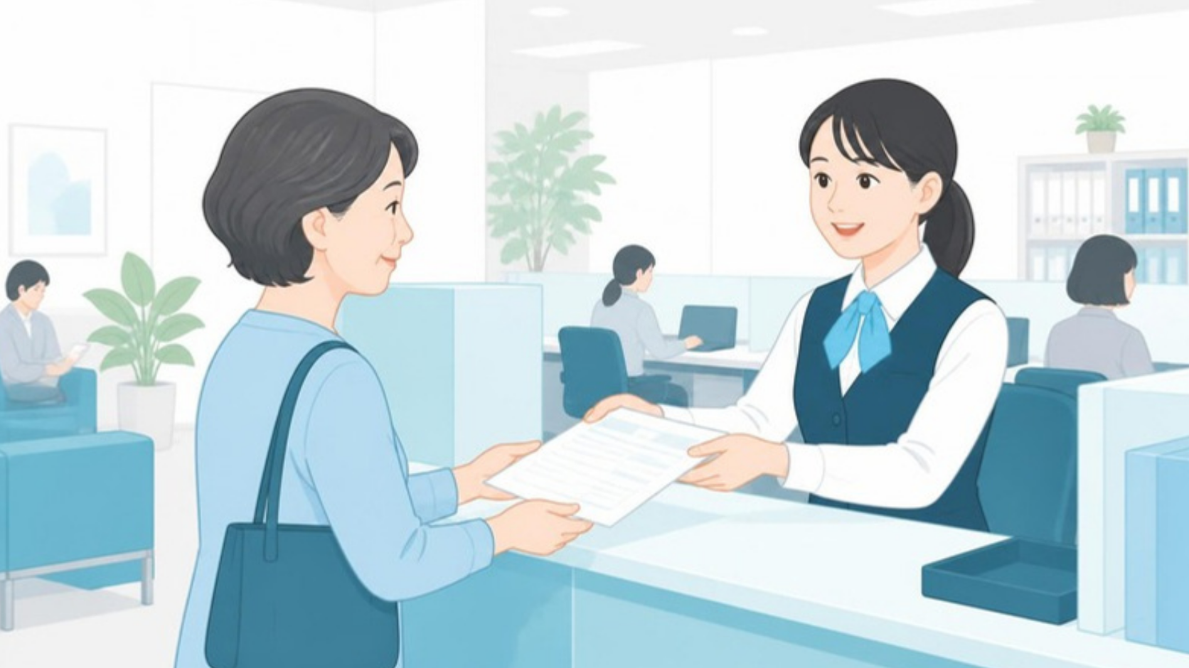 役所の窓口で戸籍証明書を受け取る女性