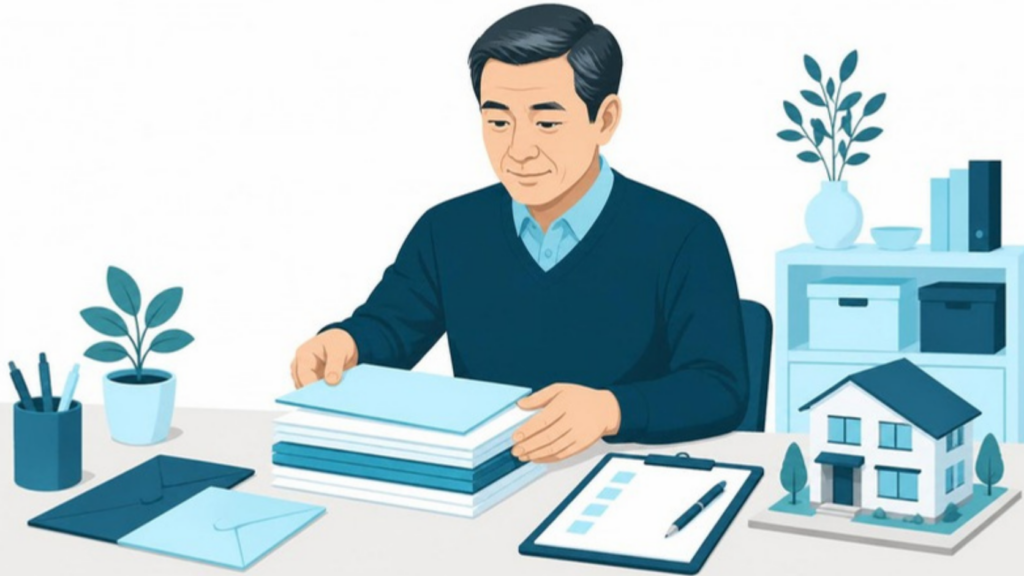 相続登記の必要書類をそろえる男性