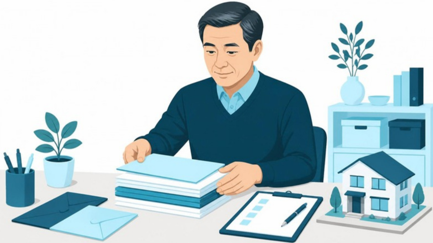 相続登記の必要書類をそろえる男性