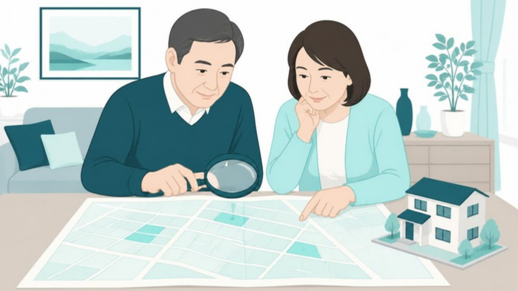 地図で土地の評価を確認する夫婦